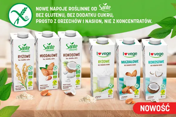 Rzędy kartonów z napojami roślinnymi Sante i I love vege: ryżowe, migdałowe, kokosowe.